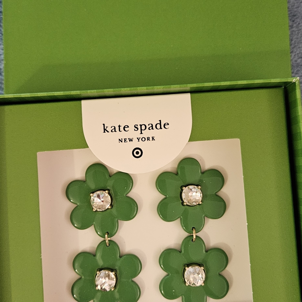 Kate Spade Green Floral Dangling Earrings with Crystal Accents - Picture 3 of 6